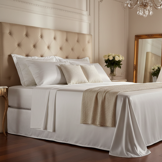 Weißes Satin-Spannbettlaken auf einem elegant gemachten Bett mit Kissen und sanftem Morgenlicht