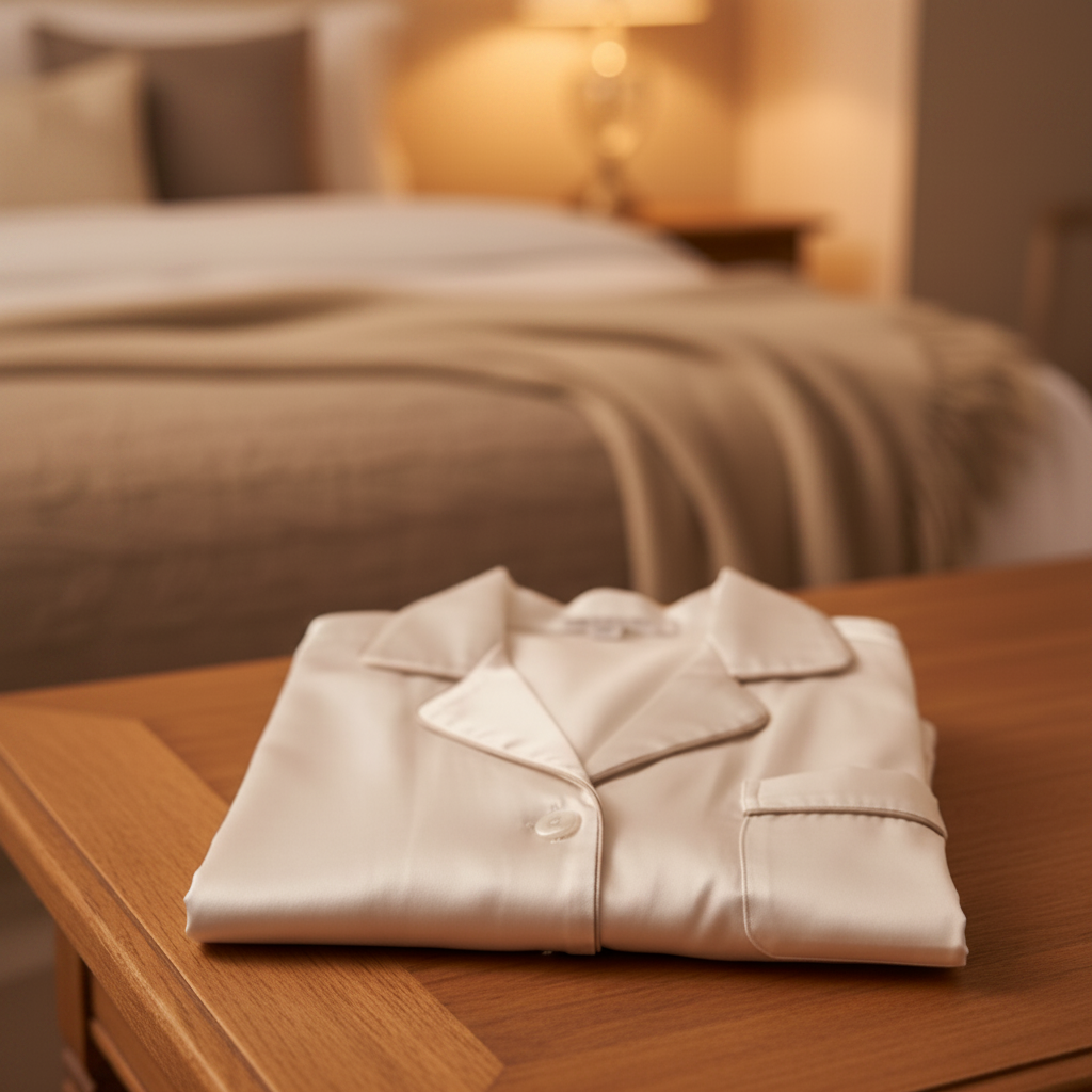 Luxus Pyjama – Holztisch warmes Licht