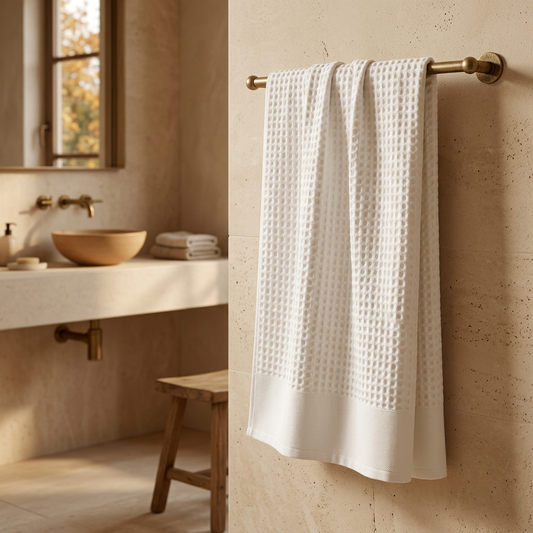 Luxus-Waffelhandtuch in warmer Badezimmerstimmung